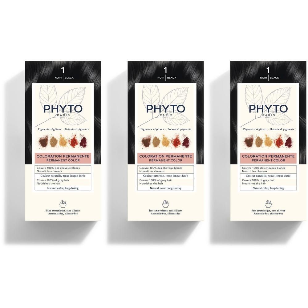 Trois boîtes de coloration permanente PHYTOCOLOR, nuance 1 Noir Black.