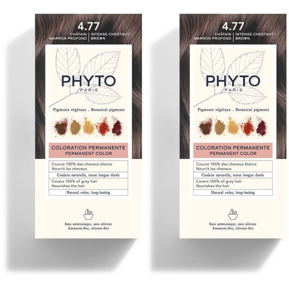 Deux boîtes de coloration permanente PHYTOCOLOR 4.77 Châtain Intense. Montre des échantillons de couleur et des graphiques de feuilles.