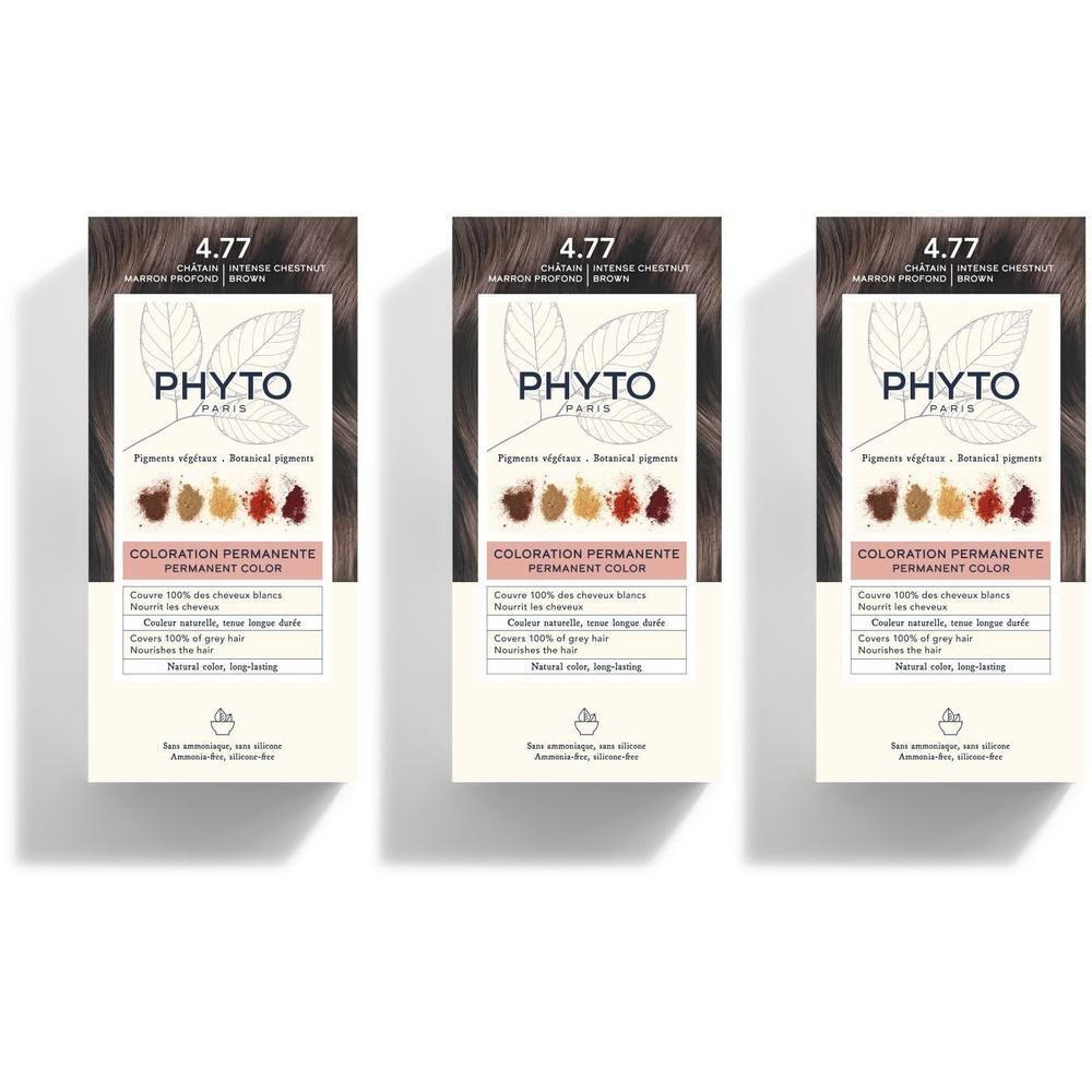 Trois boîtes de coloration permanente PHYTOCOLOR 4.77 Châtain intense.