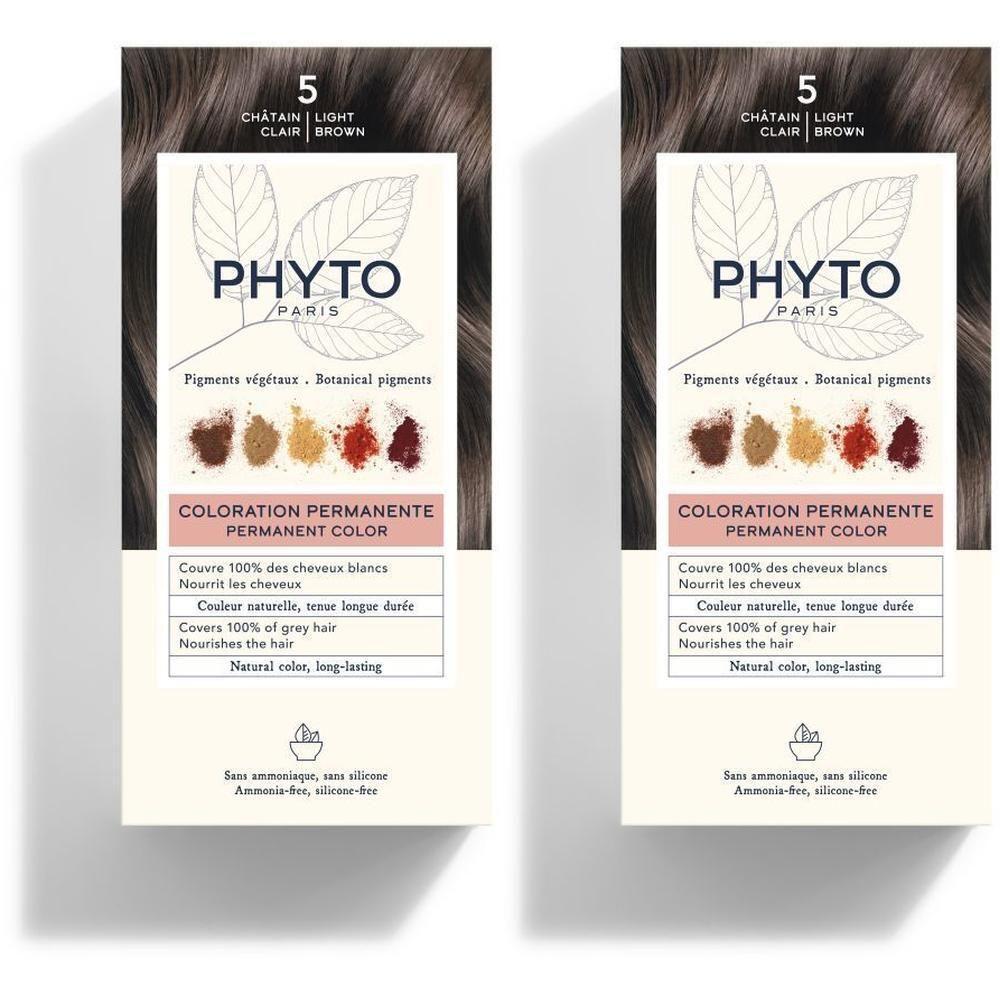 Deux boîtes de coloration permanente PHYTOCOLOR, teinte 5 châtain clair. Couvre 100% des cheveux blancs. Pigments végétaux.
