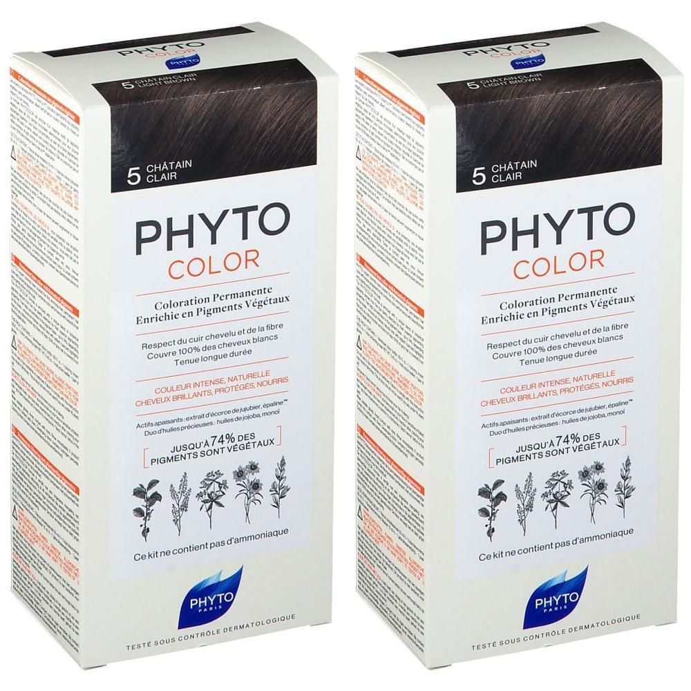 Zwei Packungen PHYTOCOLOR permanente Haarfarbe, Farbton 5 helles Braun. Enthält pflanzliche Pigmente.