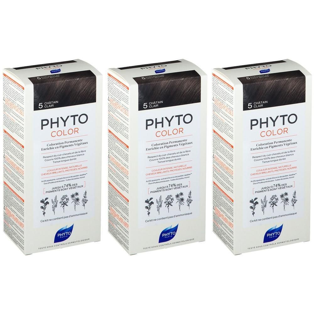 Drei Schachteln PHYTOCOLOR Haarfarbe, Farbton 5 Hellbraun. Die Verpackung zeigt Pflanzenillustrationen und Farbmuster.