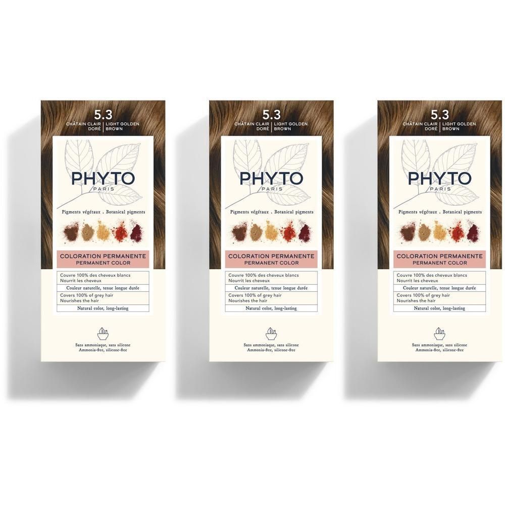 Trois boîtes de coloration permanente PHYTOCOLOR 5.3 Blond Doré Clair. Emballage cartonné avec informations produit et illustrations botaniques.