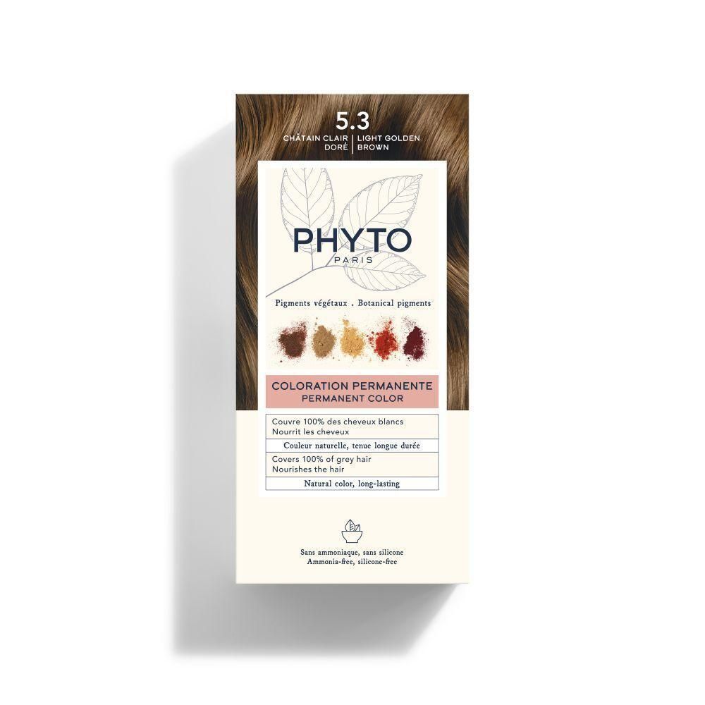 PHYTOCOLOR 5.3 Châtain Clair Doré coloration permanente. Boîte en carton avec échantillons de couleur et illustrations botaniques.