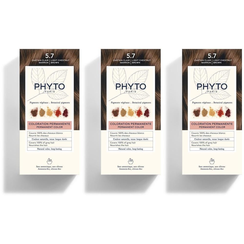 Trois boîtes de coloration permanente PHYTOCOLOR 5.7 Châtaigne Clair.