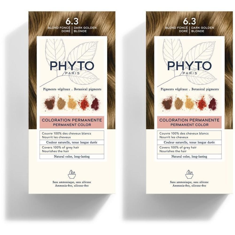 Deux boîtes de coloration permanente PHYTOCOLOR 6.3 Blond Foncé Doré. Couvre 100% des cheveux blancs.
