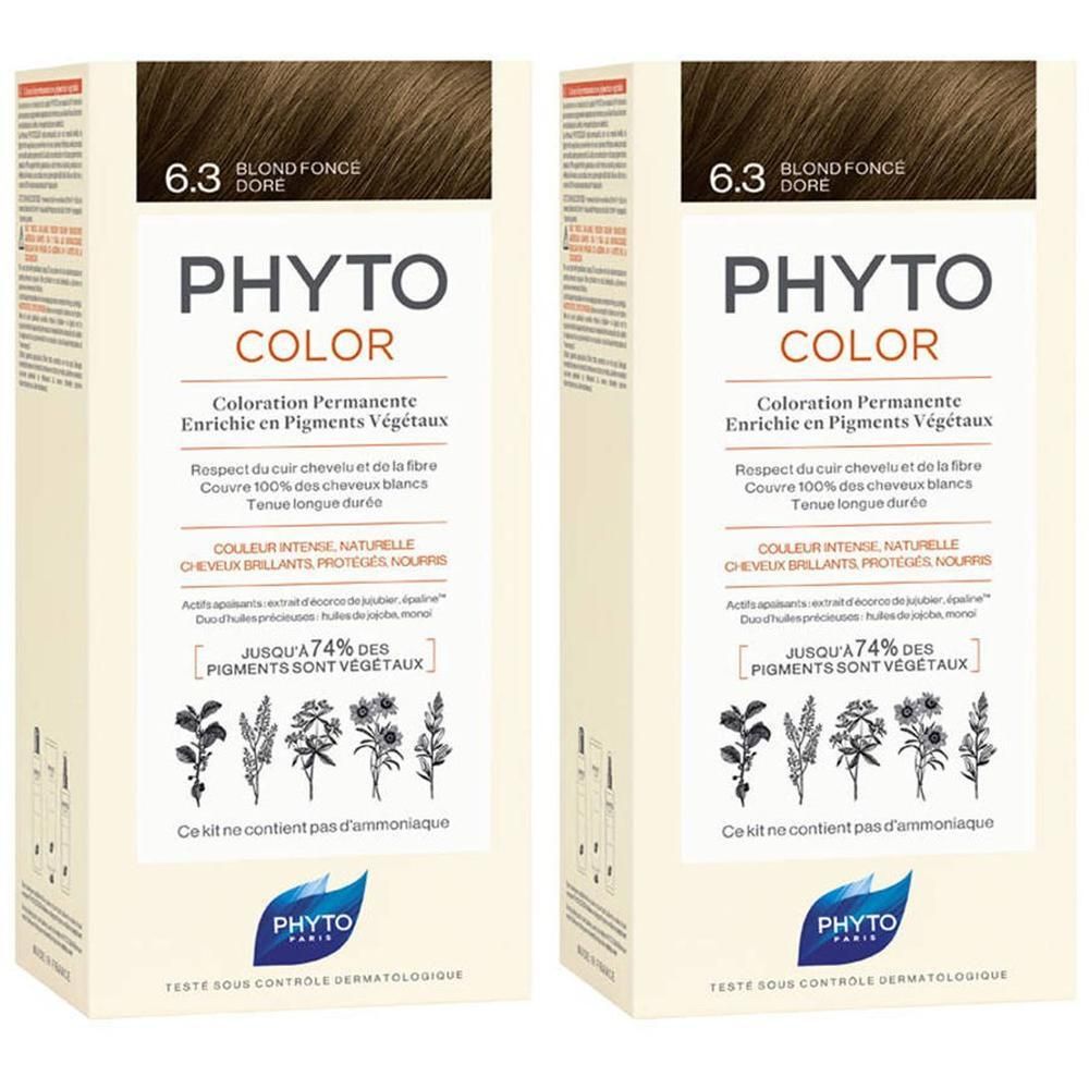 Zwei Packungen PHYTOCOLOR permanente Haarfarbe 6.3 Dunkelgoldblond. Enthält pflanzliche Pigmente.