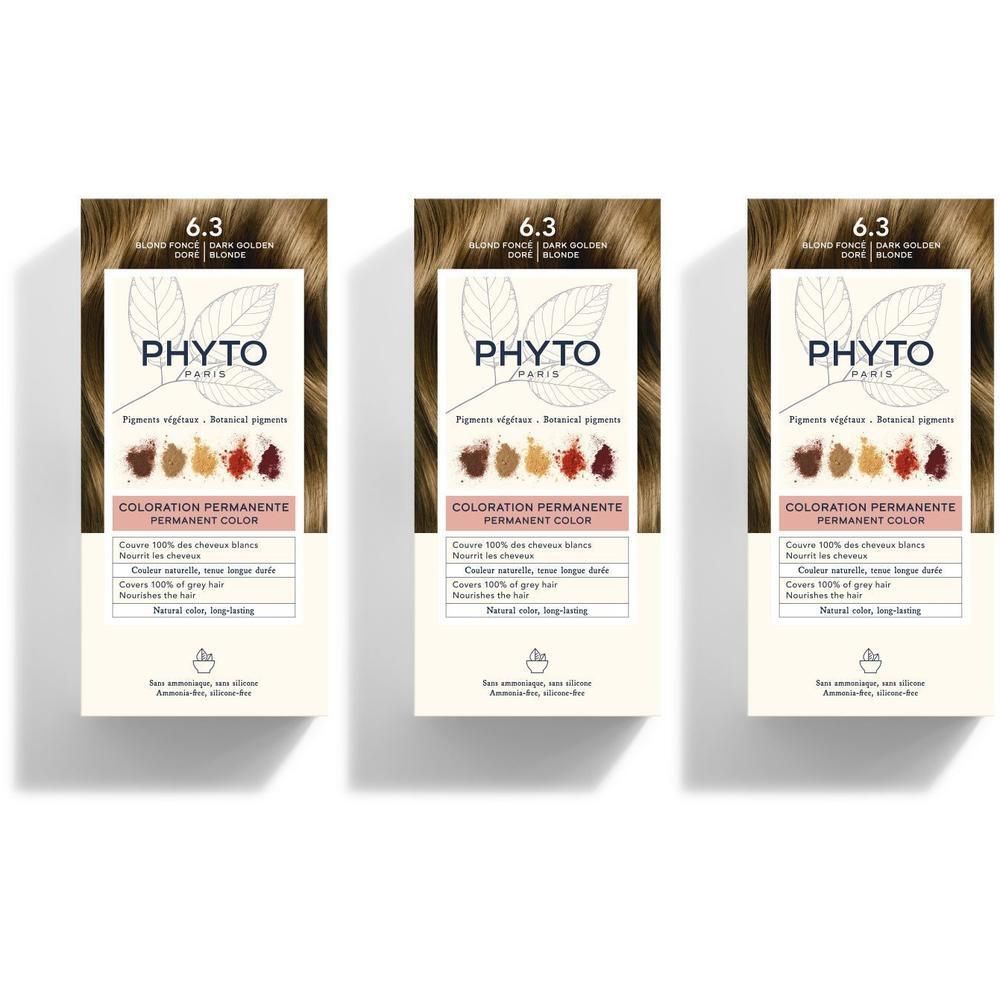 Trois boîtes de coloration permanente PHYTOCOLOR 6.3 Blond Foncé Doré, pigments végétaux.