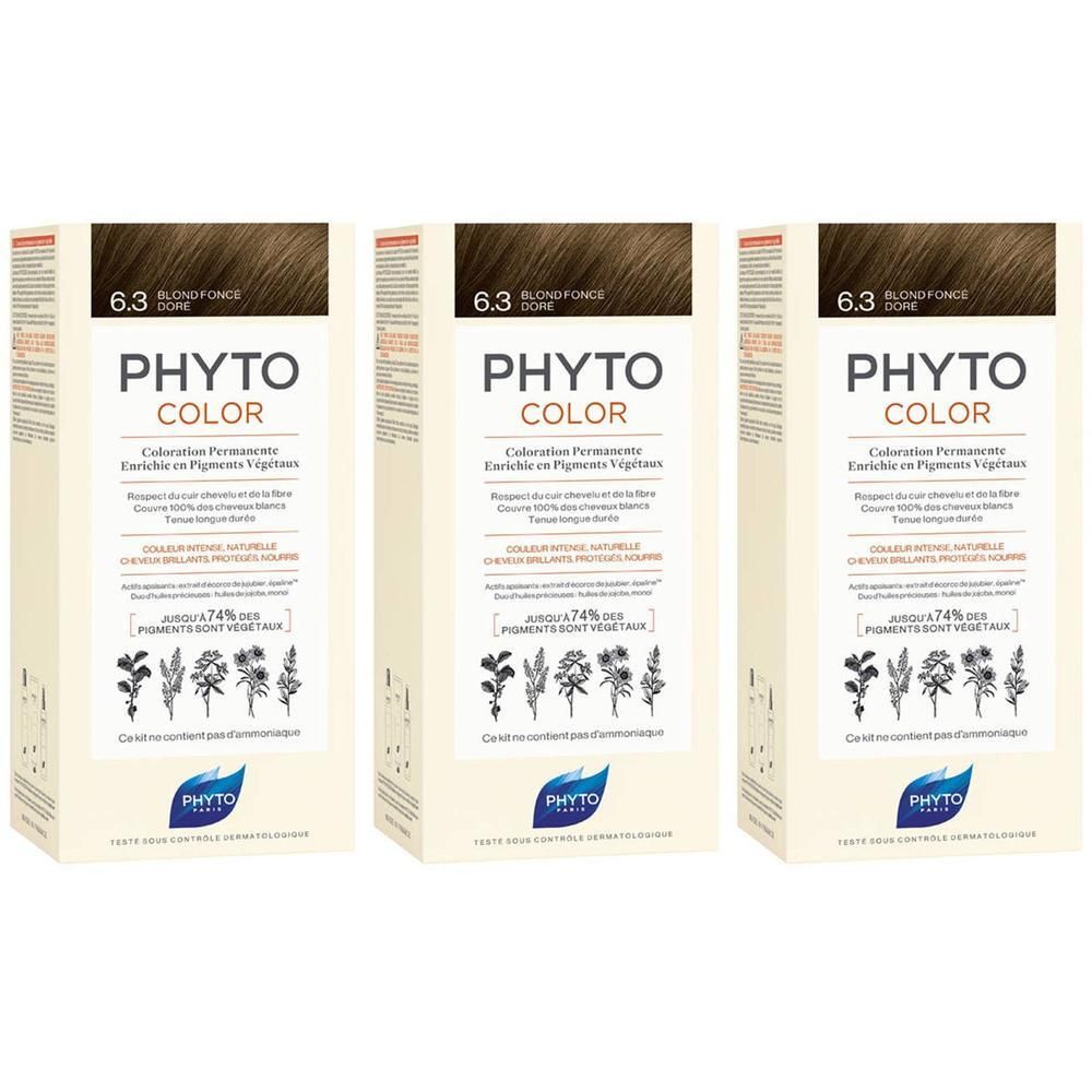 Drei Packungen PHYTOCOLOR 6.3 Dunkelgoldblond permanente Haarfarbe mit pflanzlichen Pigmenten.
