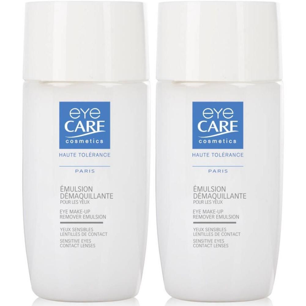 Deux flacons blancs d'émulsion démaquillante pour les yeux Eye CARE.