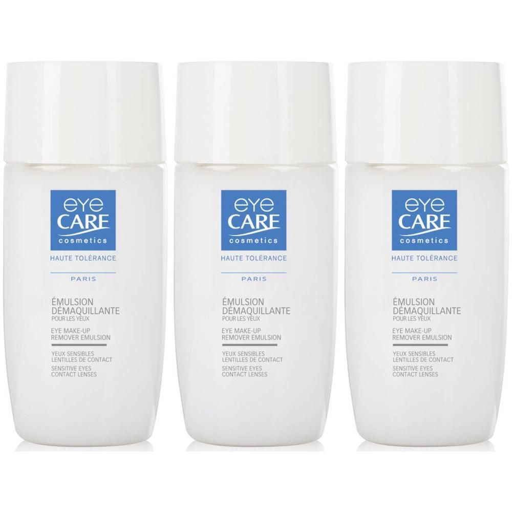 Trois flacons blancs Eye Care Emulsion Démaquillante avec étiquette bleue.