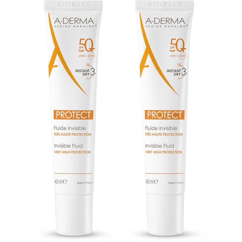 Deux tubes A-Derma PROTECT Fluide Invisible SPF 50+, 40ml.