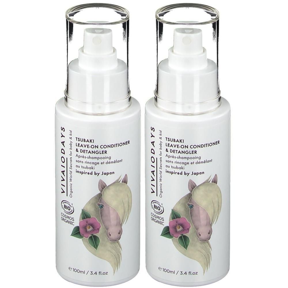 Deux flacons de Vivaiodays Tsubaki Leave-on Conditioner & Detangler, 100ml chacun. Illustration de cheval et de fleurs.