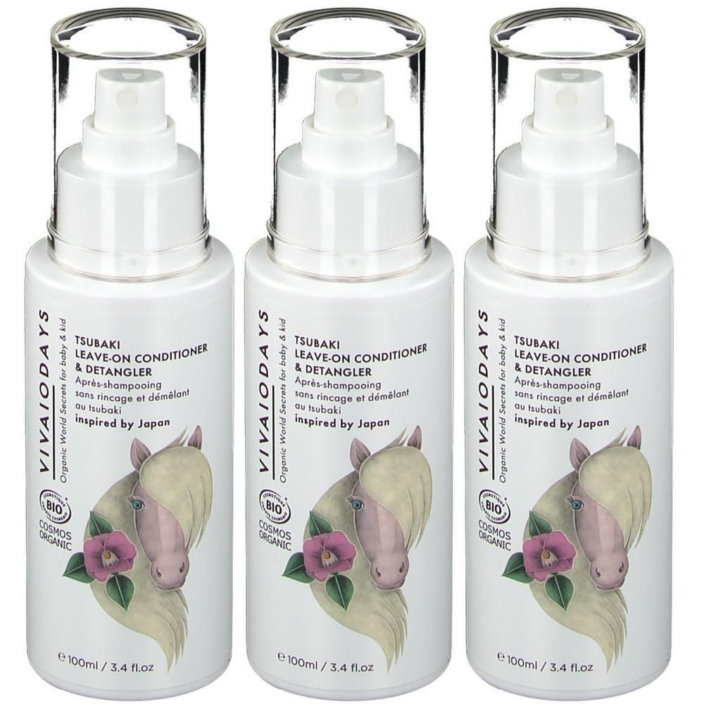 Drei weiße Sprühflaschen mit Tsubaki Leave-on Conditioner & Detangler, 100ml.