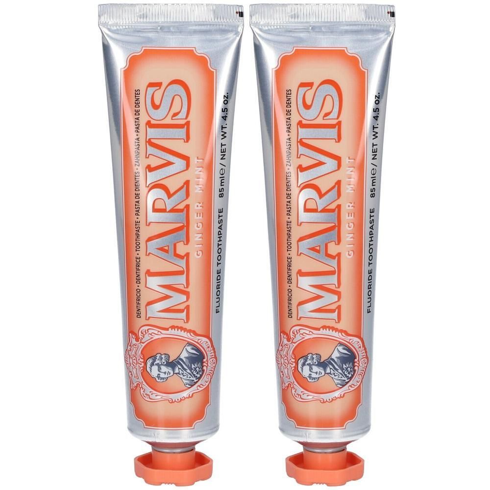 Deux tubes de dentifrice Marvis Ginger Mint, 85ml.