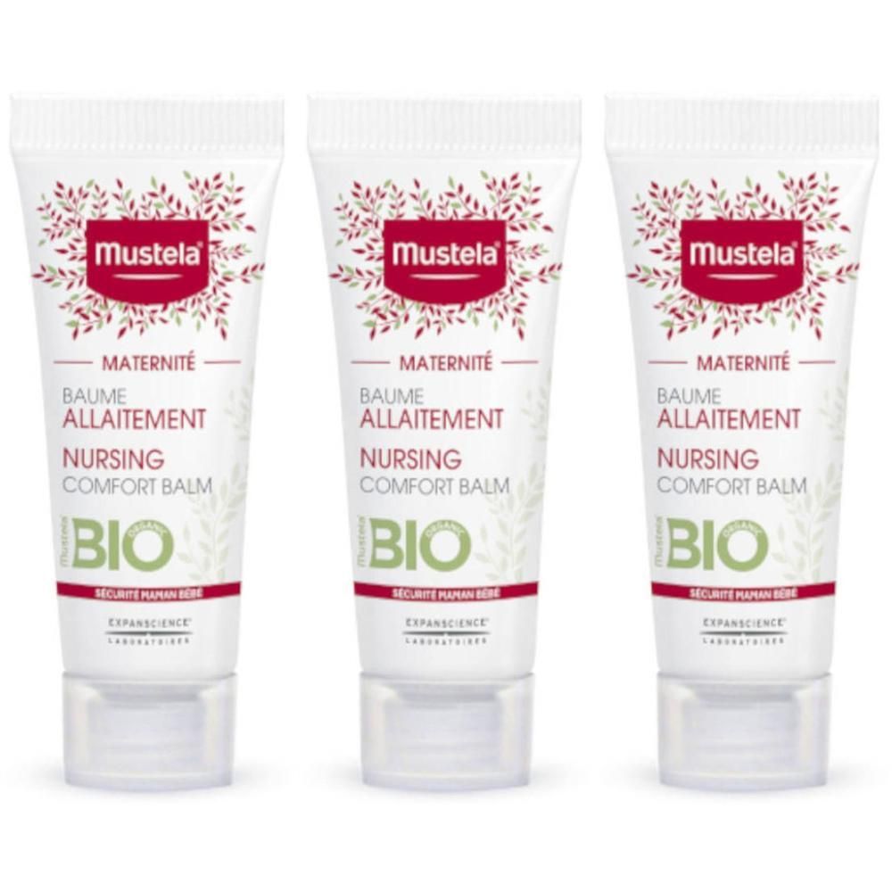 Drei Tuben Mustela Stillbalsam BIO mit rotem Blattmuster. Maternité, Nursing Comfort Balm.