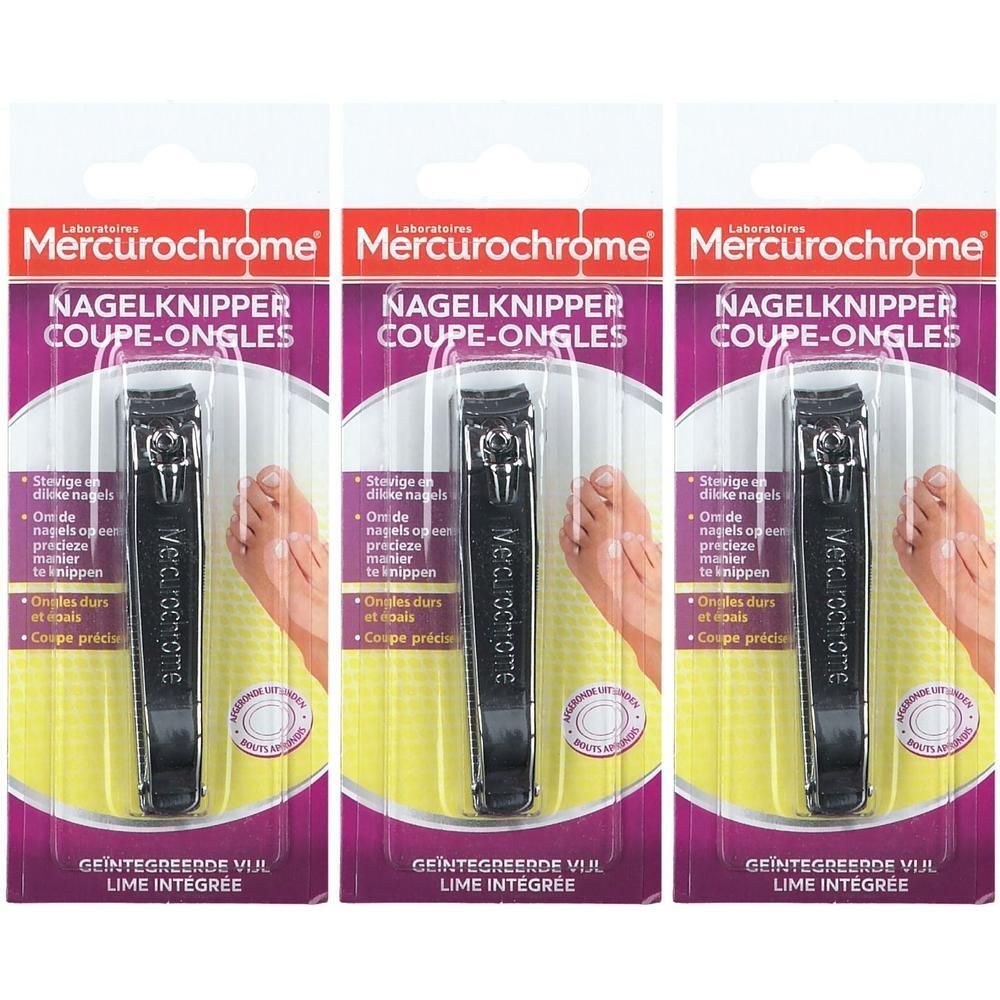 Drei Mercurochrome Nagelknipser mit integriertem Nagel file.