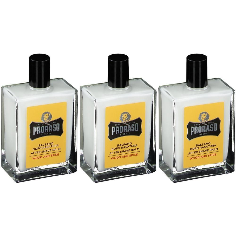 Trois flacons de baume après-rasage Proraso Bois et Épices, étiquette jaune, bouchon noir.