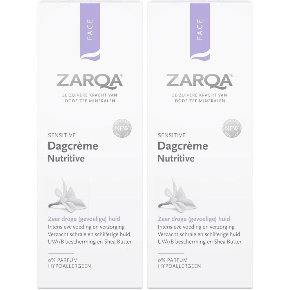Deux paquets de ZARQA Sensitive Crème de Jour Nutritive avec autocollant "NEW" et illustration de fleur.