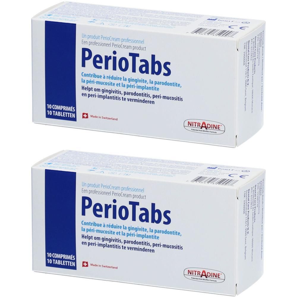 Deux boîtes de PerioTabs, chacune contenant 10 comprimés. Fabriqué en Suisse.