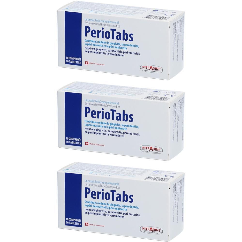 Drei Packungen PerioTabs, 16 Tabletten pro Packung. Enthält NitaDine.