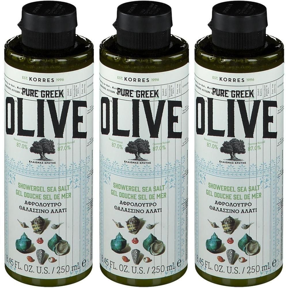 Drei Flaschen KORRES Pure Greek Olive Duschgel Meersalz, 250 ml.