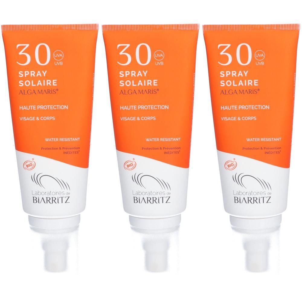 Trois tubes de spray solaire SPF 30, marque Laboratoires de Biarritz.