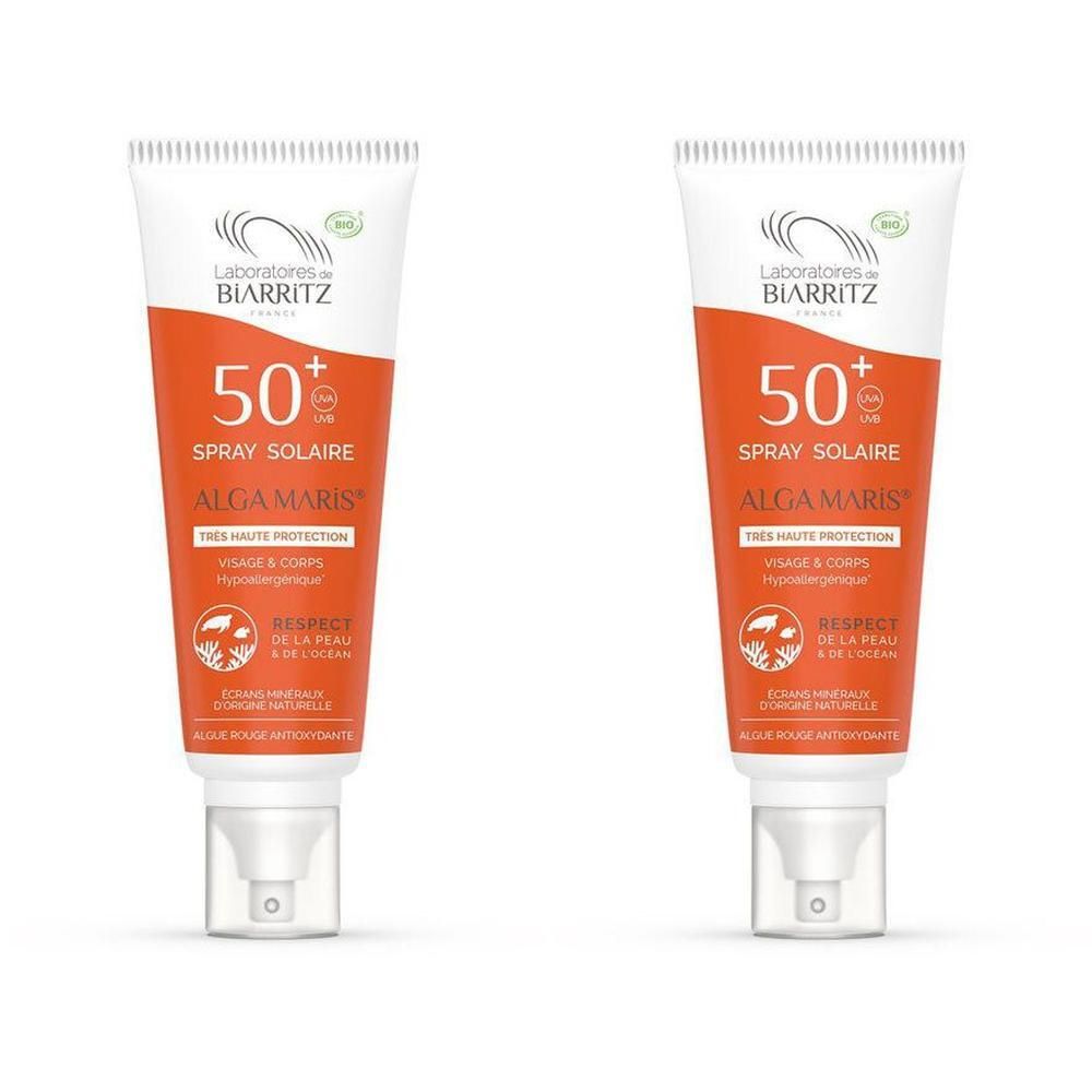 Deux tubes de spray solaire SPF 50+ Alga Maris des Laboratoires de Biarritz.