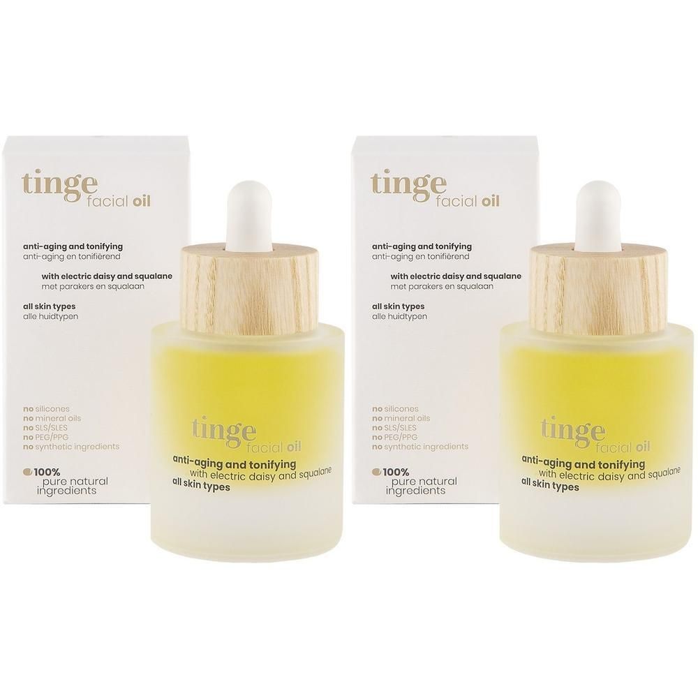 Zwei Flaschen ting facial Öl mit Pipettenverschluss und Holzdeckel, verpackt in Kartons.