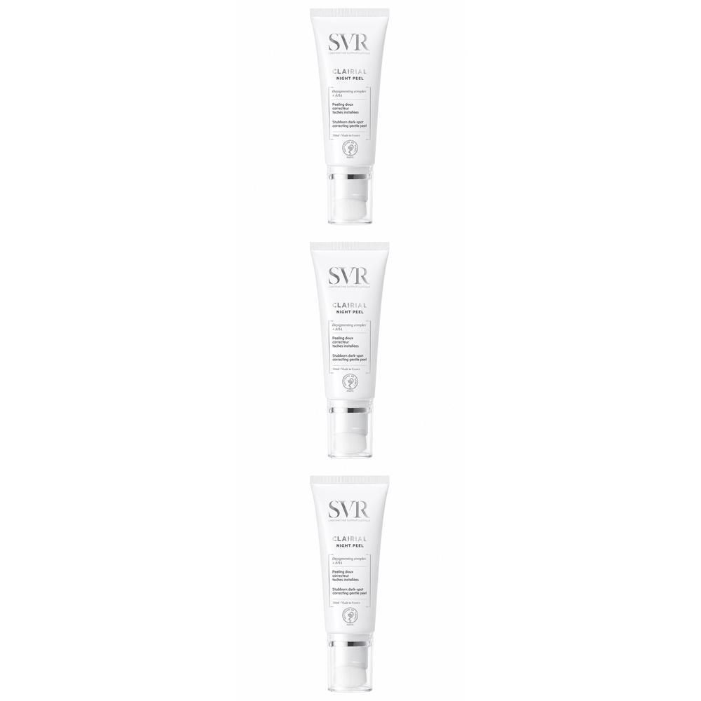 Drei weiße Tuben mit Pumpspender, die CLAIRIAL Night Peel enthalten.