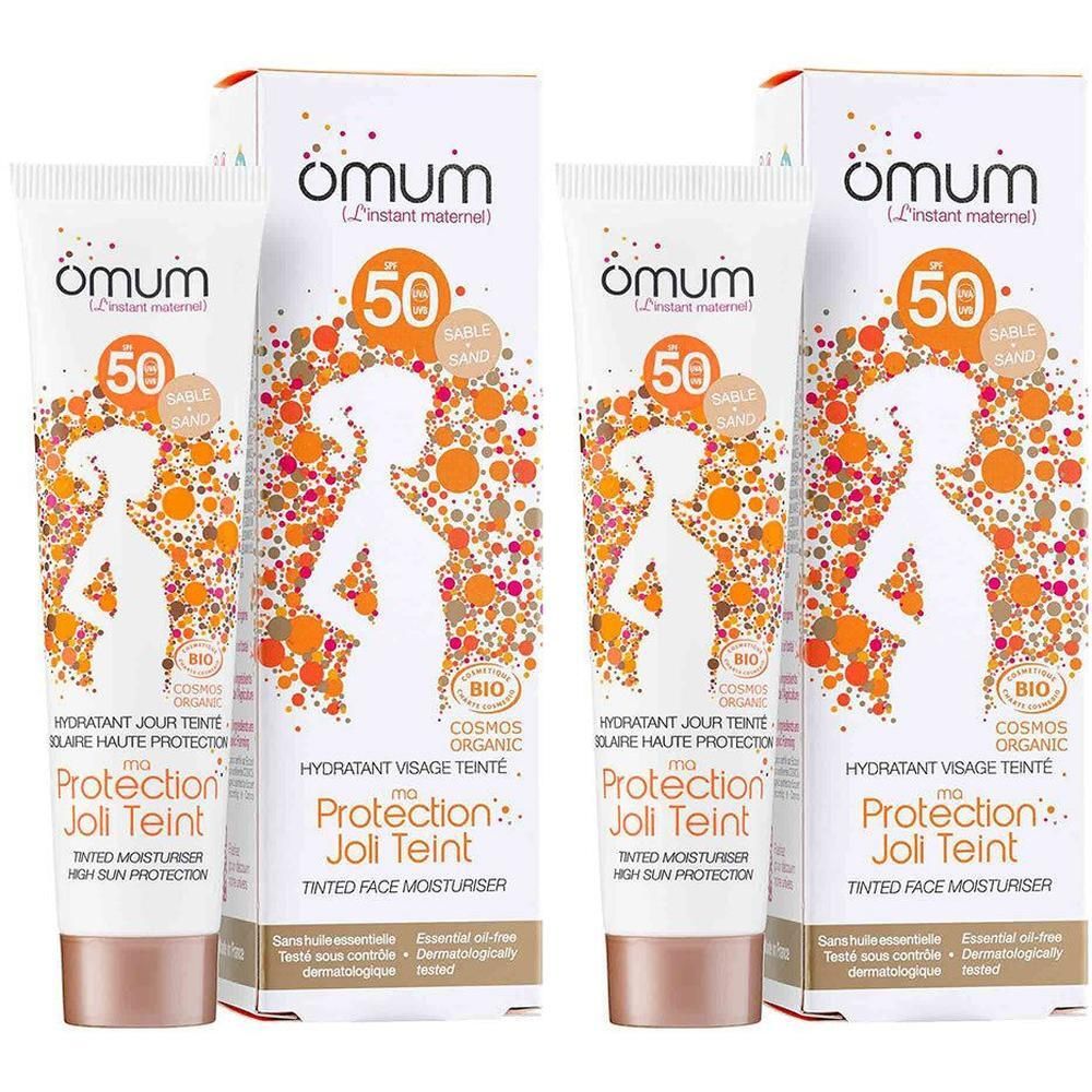 Zwei Tuben und Kartons von omum my Protection Schöner Gesichts-Teint SPF 50.