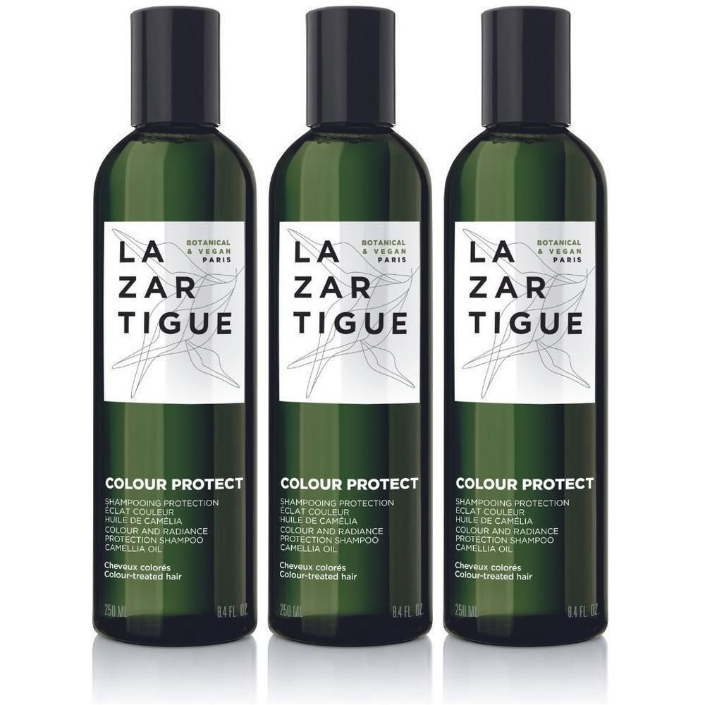 Drei Flaschen LAZARTIGUE Colour Protect Shampoo mit Kamelienöl. Grüne Flaschen mit schwarzen Verschlüssen und weißen Etiketten.