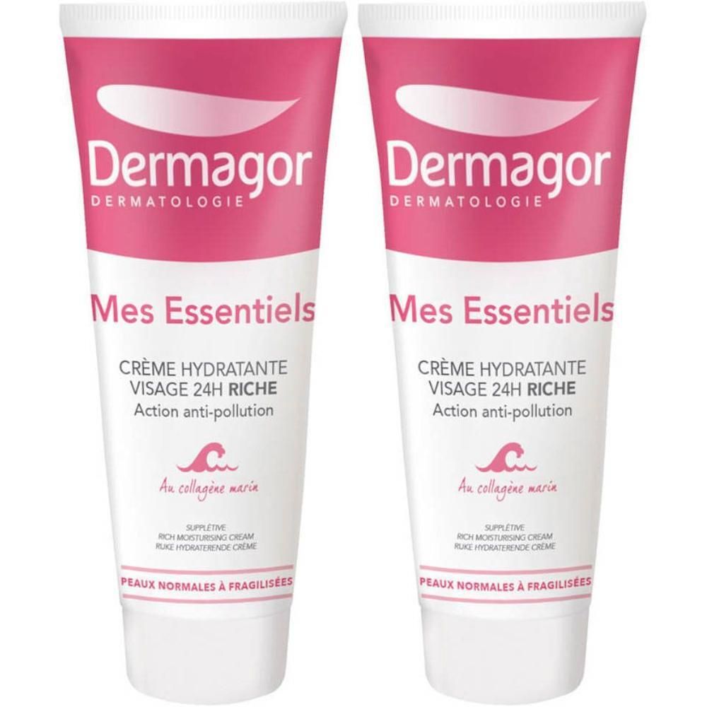 Deux tubes de crème hydratante riche pour le visage Dermagor Mes Essentiels.
