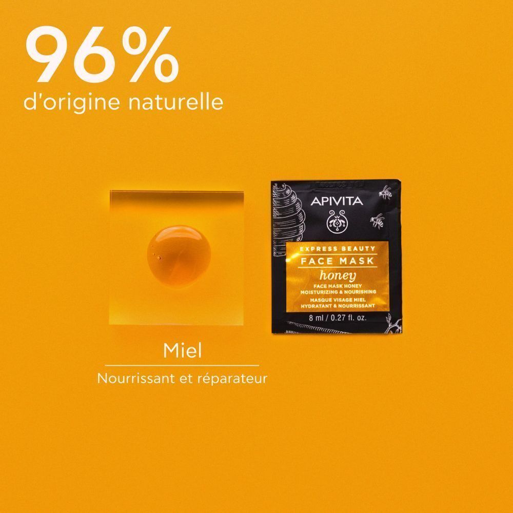 Masque facial Apivita Express Beauty au miel (8ml) et une goutte de miel.