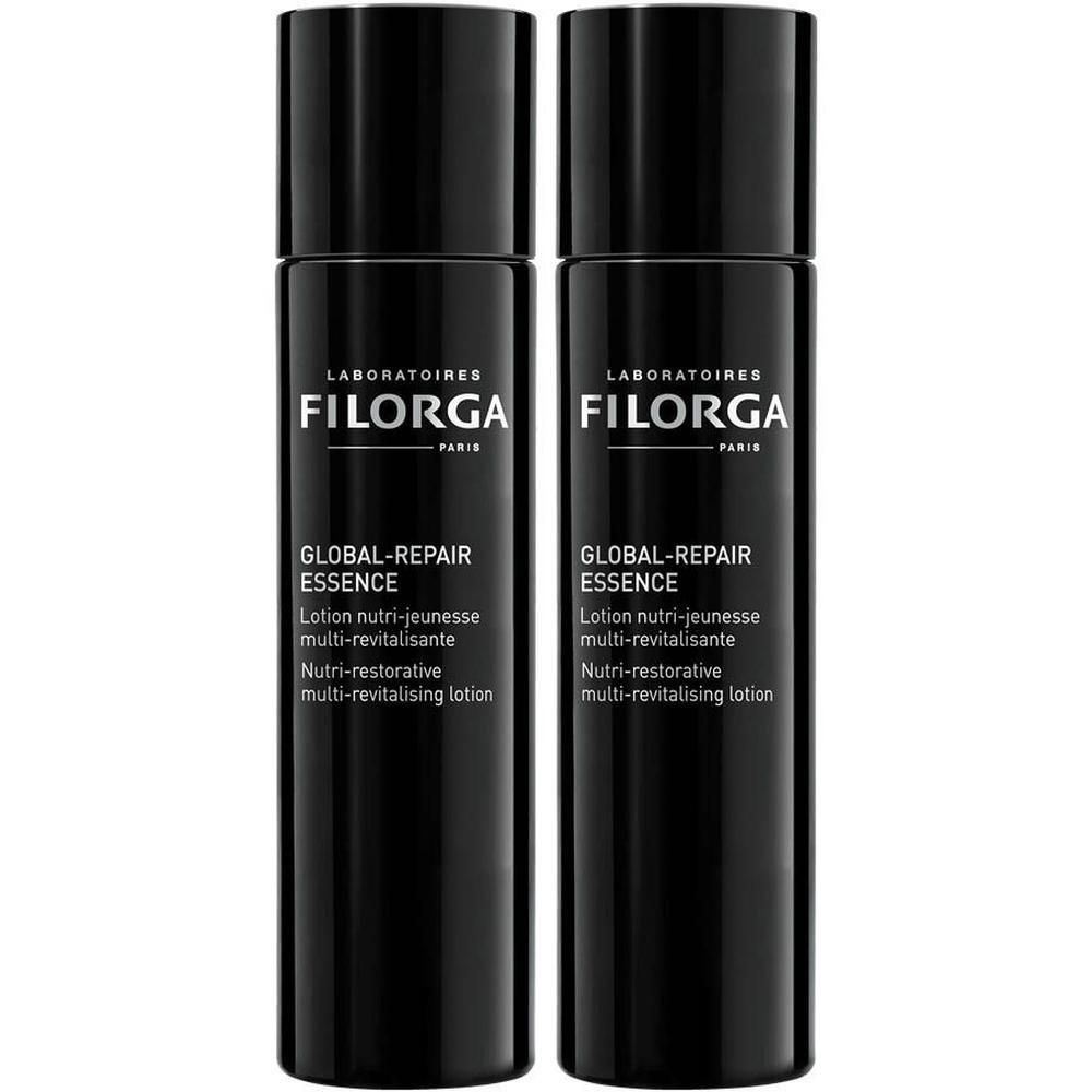 Zwei schwarze Flaschen FILORGA Global-Repair Essence Lotion.