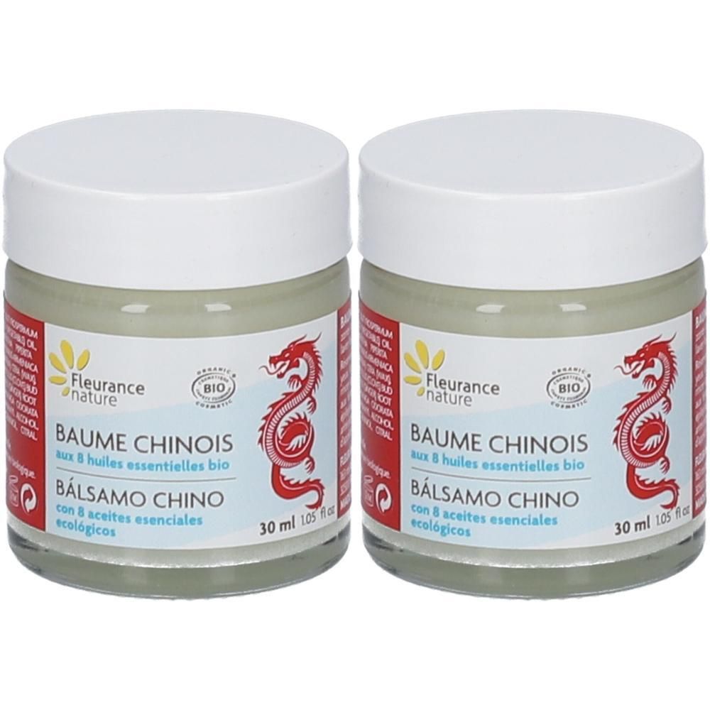 Zwei Gläser Fleurance Nature Chinesischer Balsam Bio, je 30 ml. Rote Drachenabbildung auf dem Etikett.