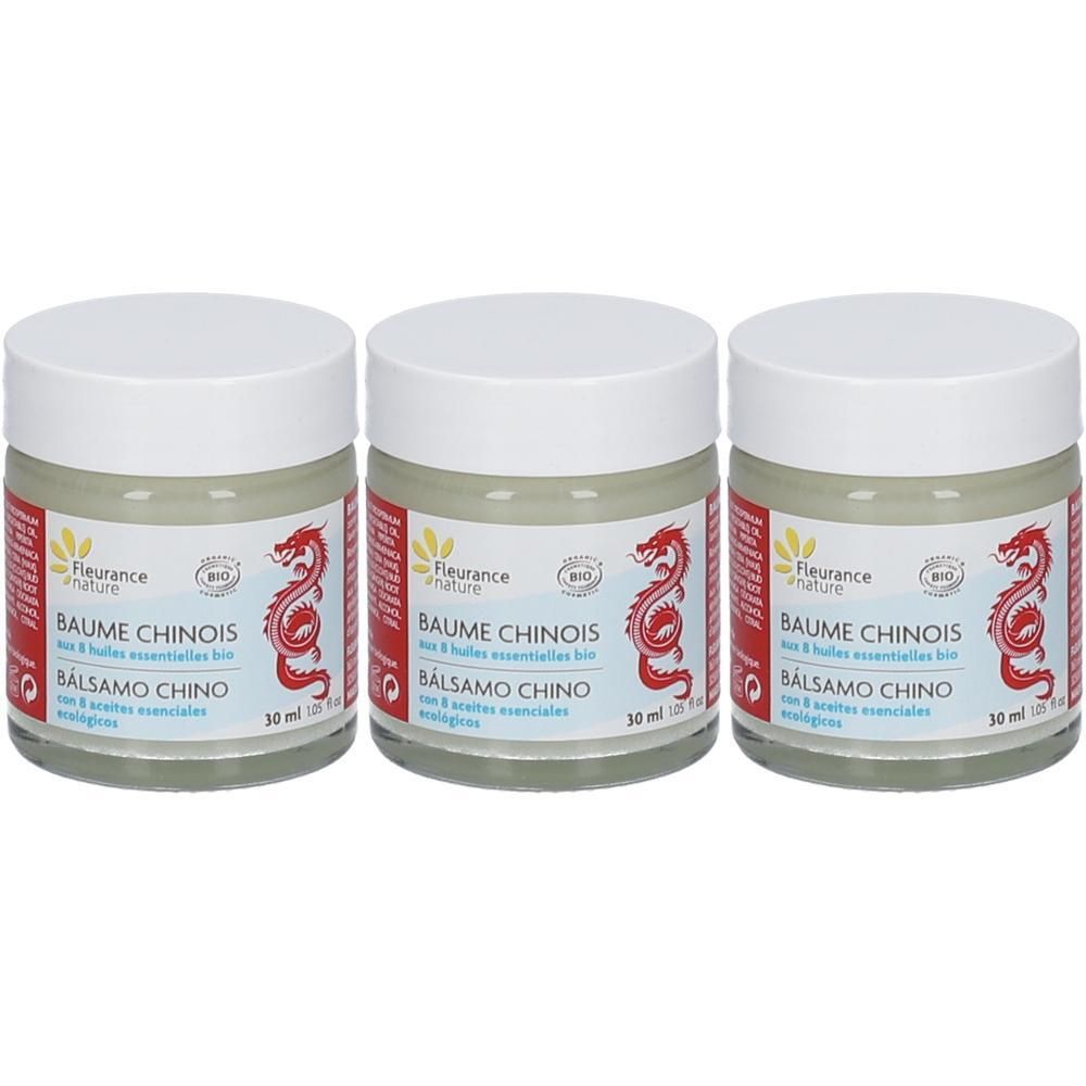 Trois pots de baume chinois Fleurance Nature Bio avec dragon rouge et label Bio.