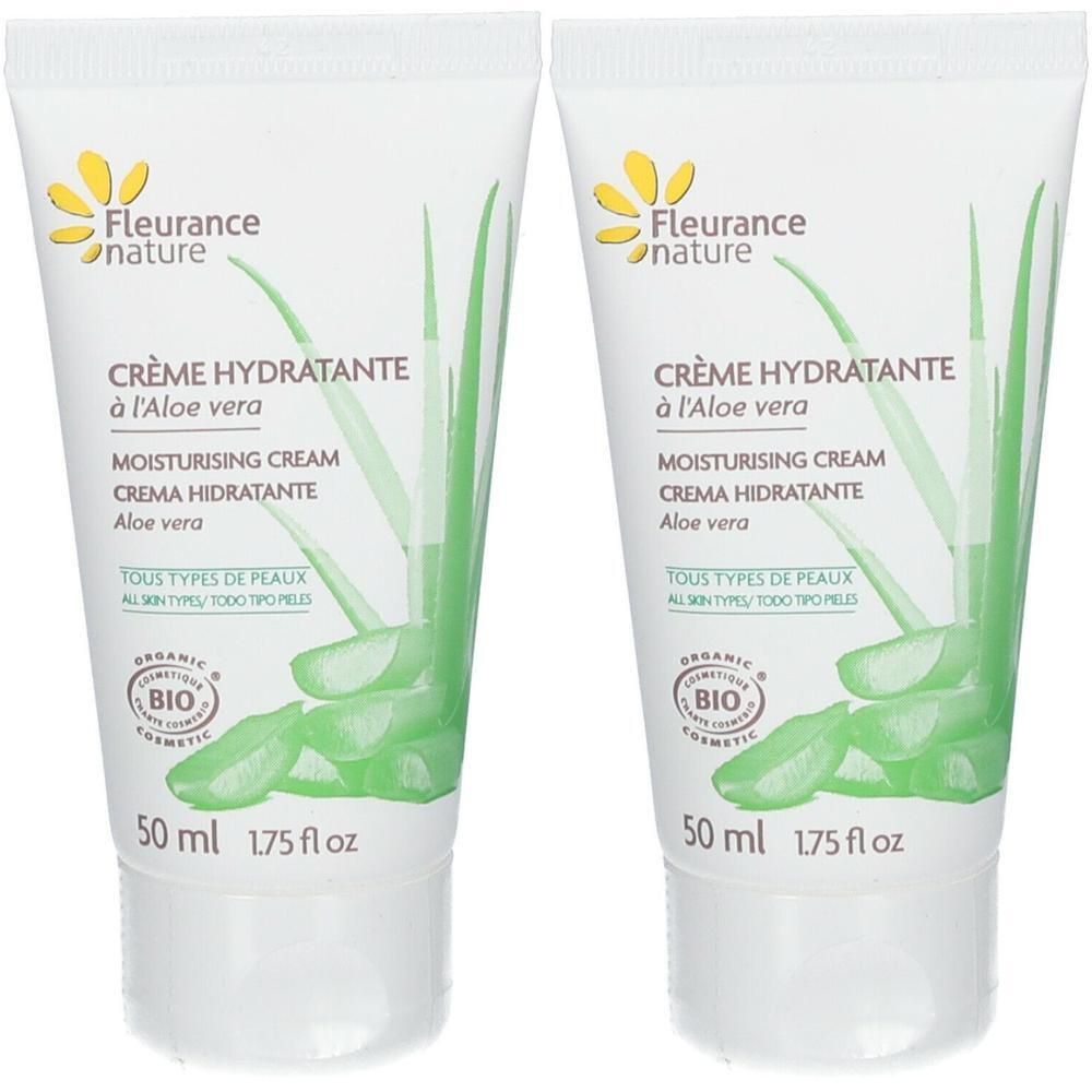 Deux tubes de crème hydratante Fleurance Nature à l'Aloe Vera, 50 ml chacun.
