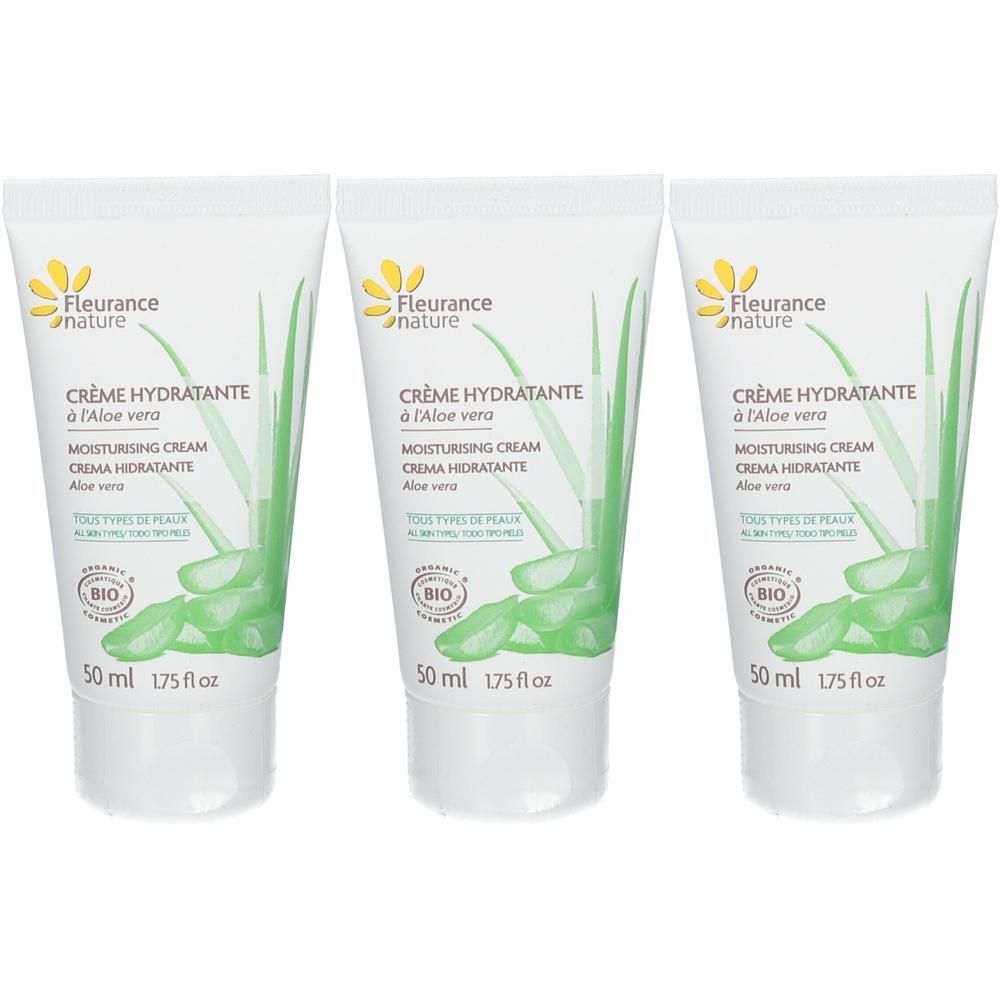 Trois tubes de crème hydratante Fleurance Nature à l'Aloe Vera, 50 ml chacun.