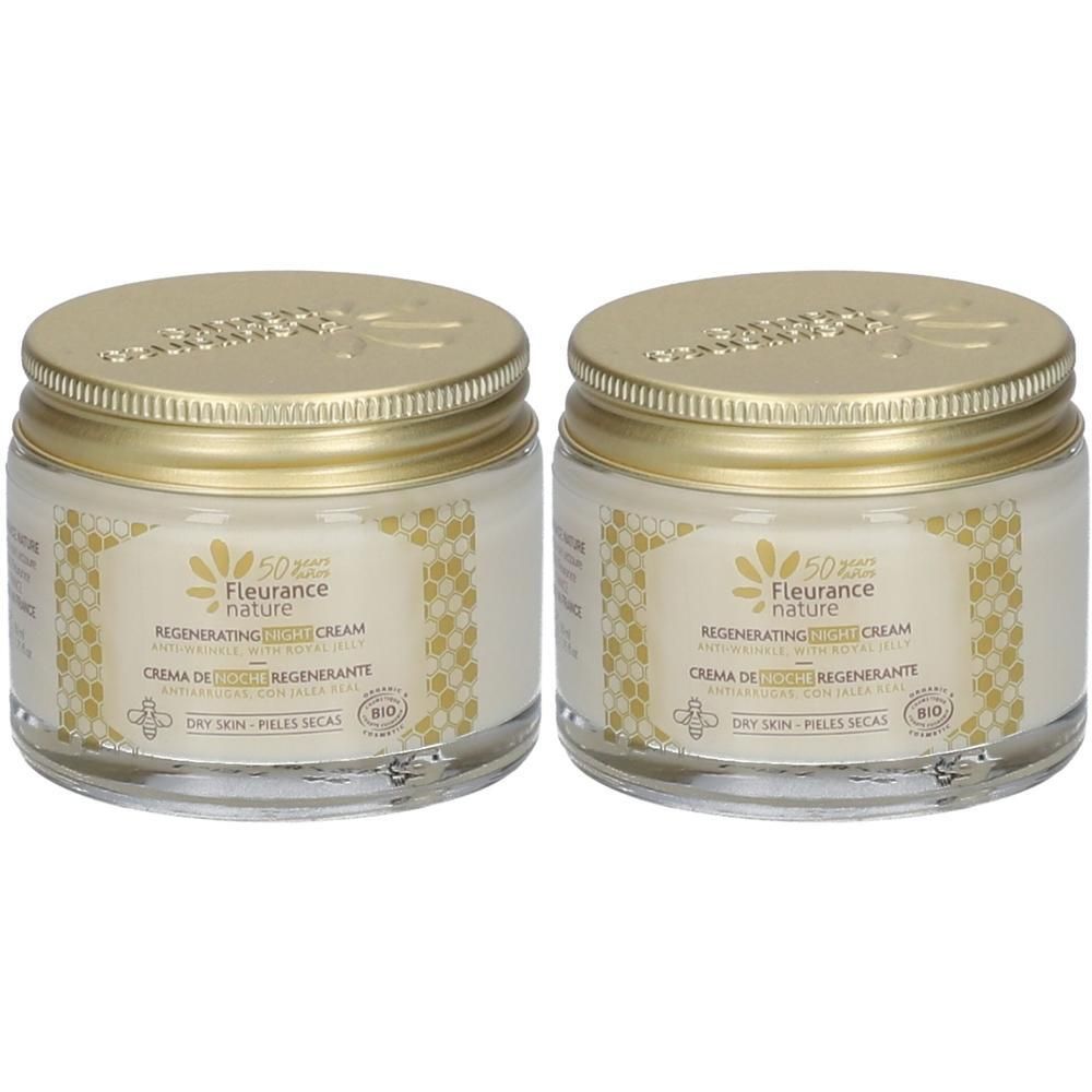 Deux pots de Crème Régénérante Nuit à la Gelée Royale Bio de Fleurance Nature.