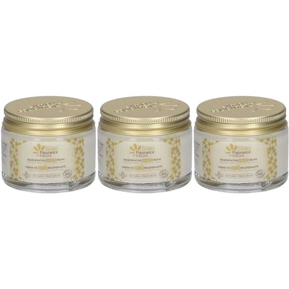 Trois pots de crème régénérante nuit à la gelée royale bio Fleurance Nature.