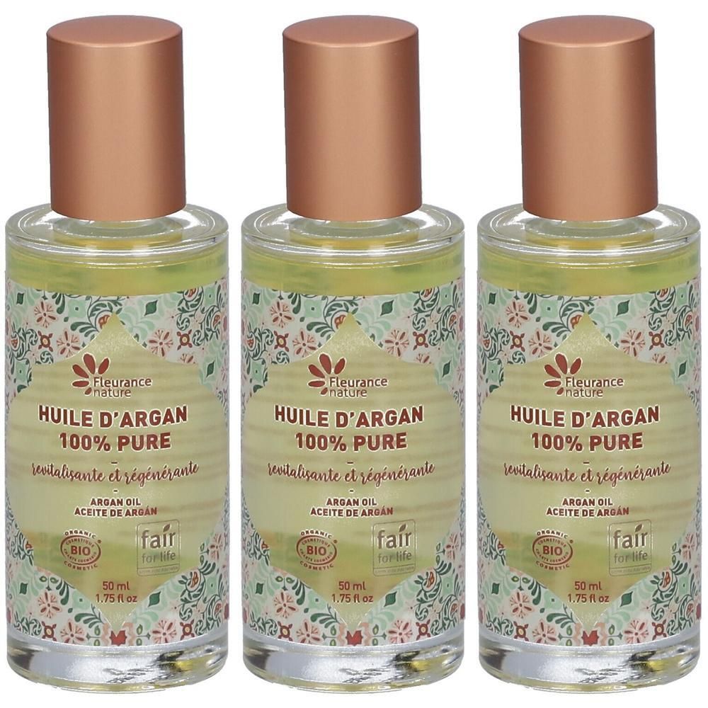 Drei Flaschen Fleurance Nature Arganöl 100% Pure, 50 ml. Mit Bio- und Fair-Siegel.