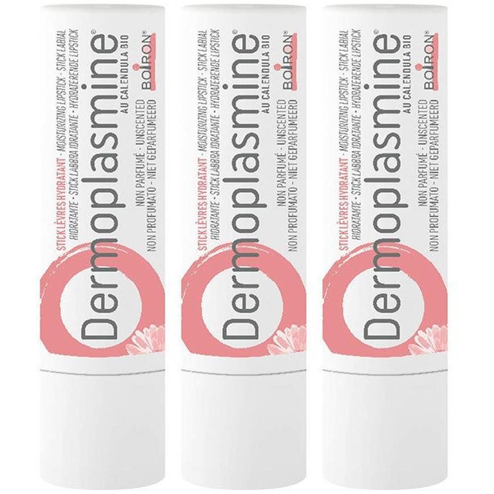 Drei Dermoplasmine Lippenpflegestifte mit Calendula-Aufdruck.