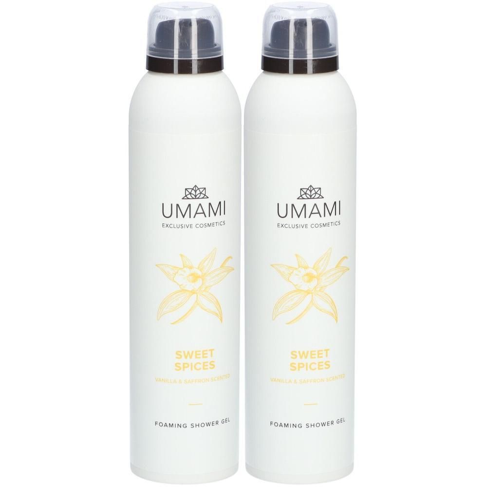 Deux flacons blancs de gel douche moussant vanille et safran.