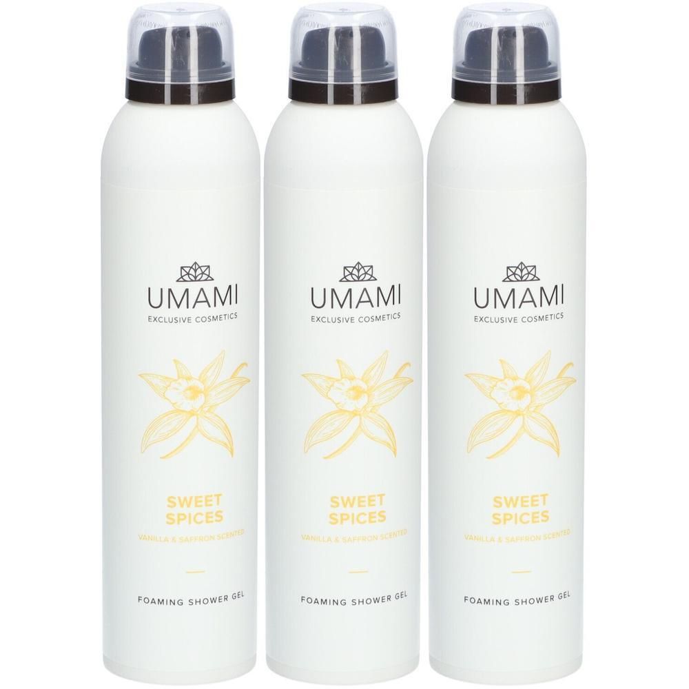 Drei weiße Duschgel-Flaschen mit Vanille- und Safran-Motiv.