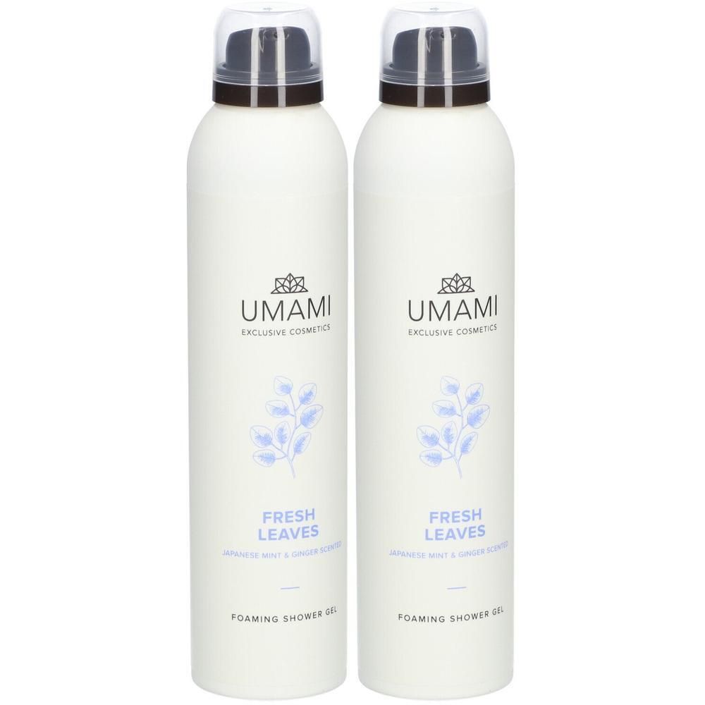 Deux flacons blancs UMAMI Gel douche moussant menthe japonaise et gingembre.