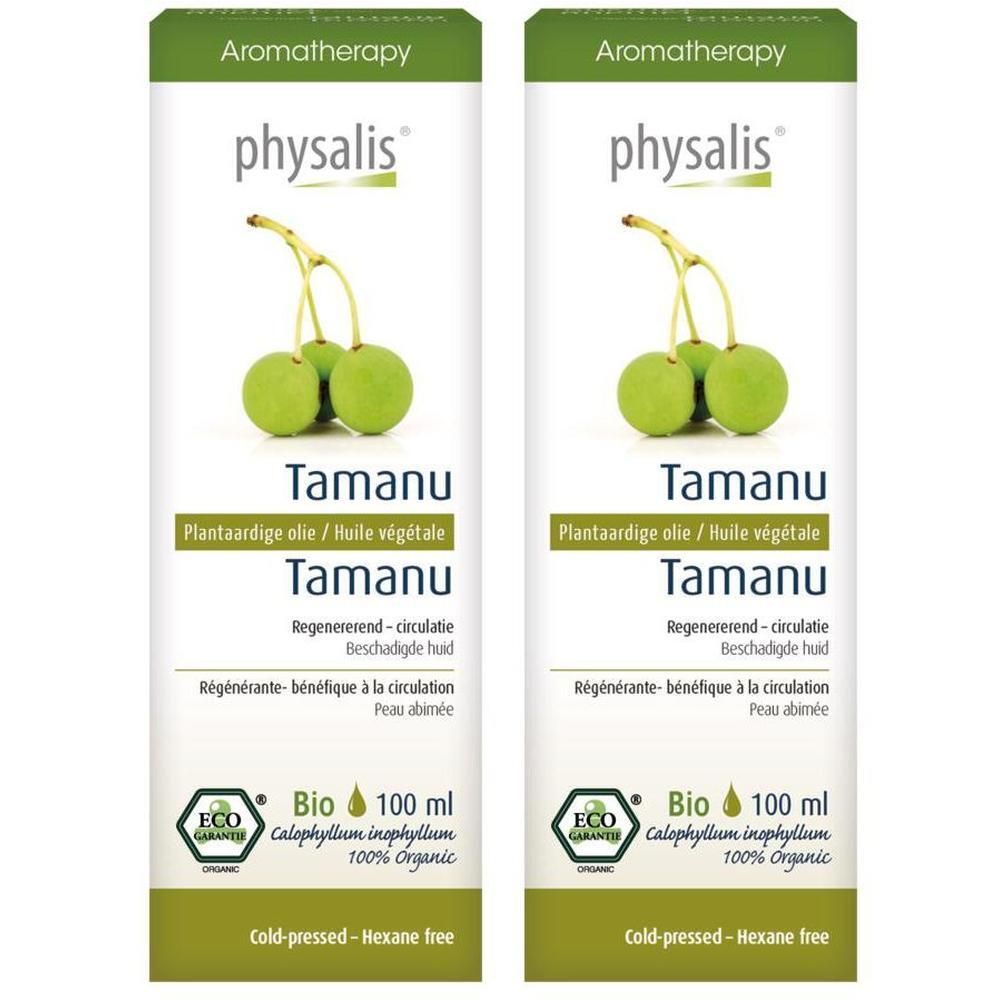 Deux bouteilles d'huile de massage physalis Tamanu, vert foncé, avec étiquette, fruits et sceau Bio.