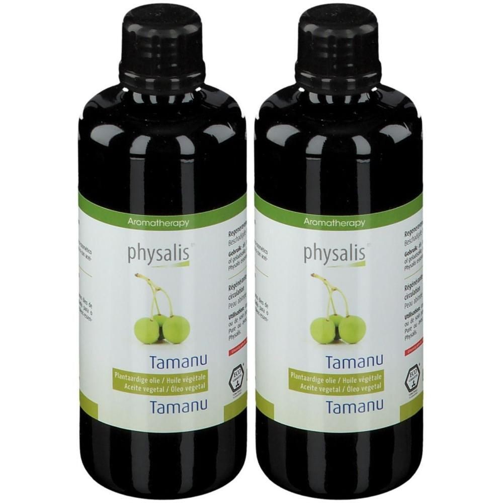 Deux bouteilles d'huile de massage physalis Tamanu, vert foncé, avec étiquette et illustration de fruits verts.
