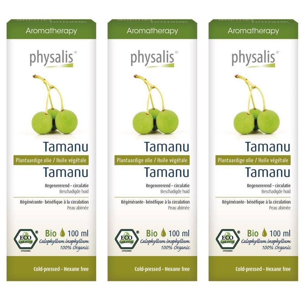 Trois bouteilles d'huile physalis® Tamanu, étiquettes avec sceau Bio, fruits verts et texte.