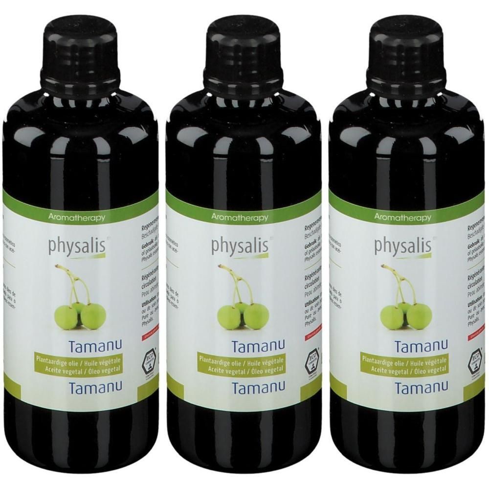 Trois bouteilles foncées d'huile de massage physalis® Tamanu, étiquettes montrant des fruits verts et du texte.